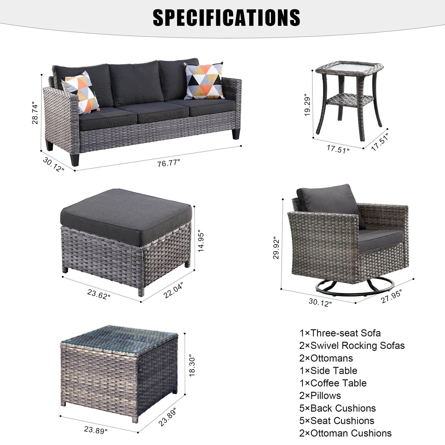 Set di mobili da giardino in vimini OVIOS da 7 pezzi con sedie a dondolo girevoli