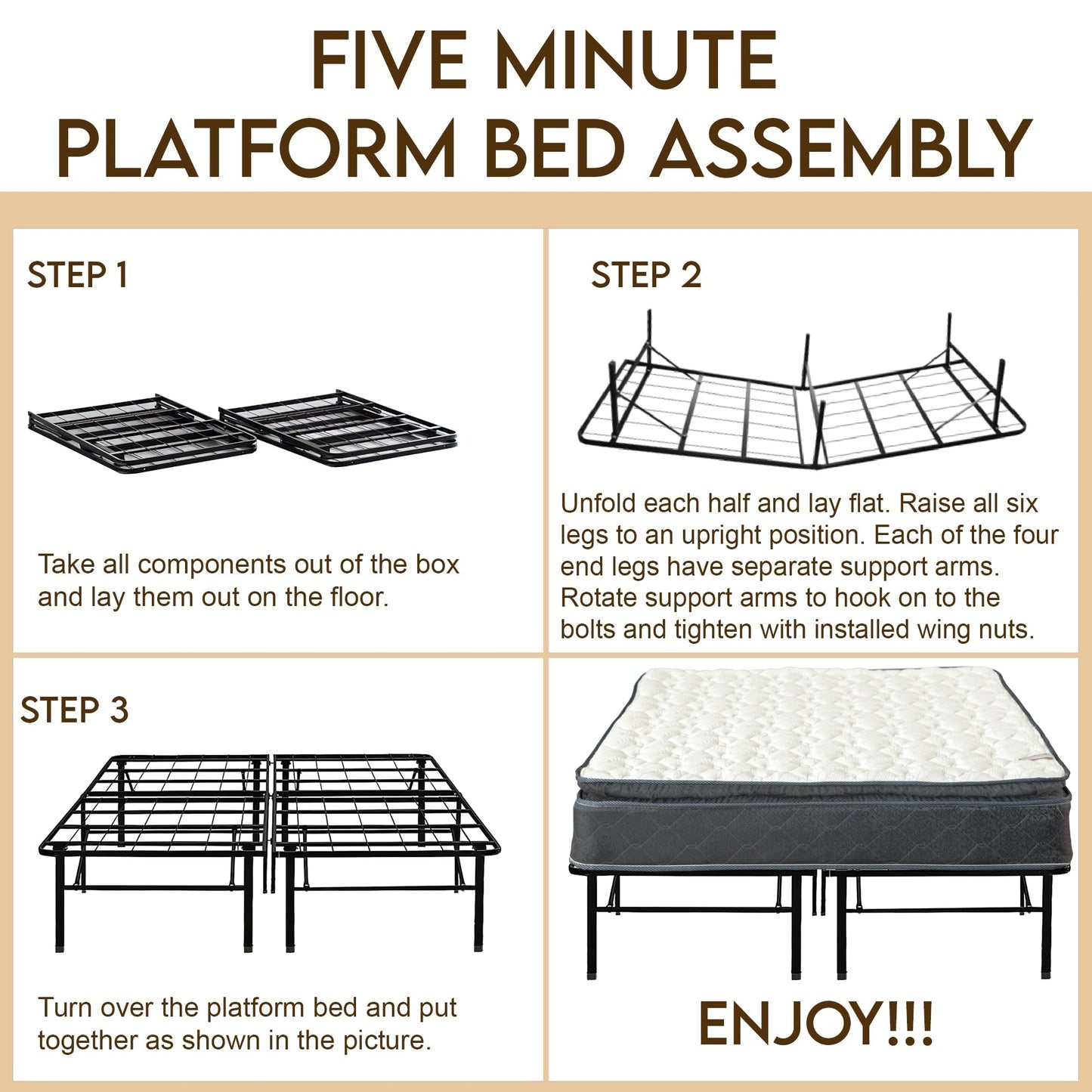 Set materasso e letto a piattaforma Onetan, materasso ibrido con pillow top medio da 10 pollici e letto a piattaforma in metallo da 14 pollici