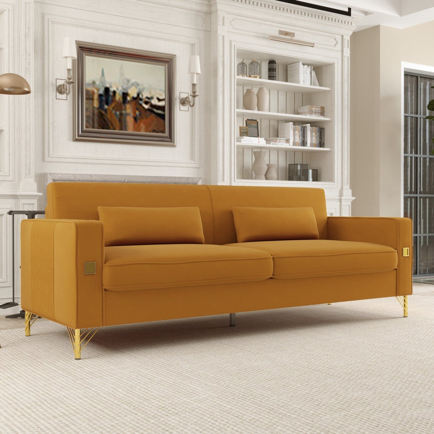 Divano a 3 posti in velluto arancione con dettagli dorati