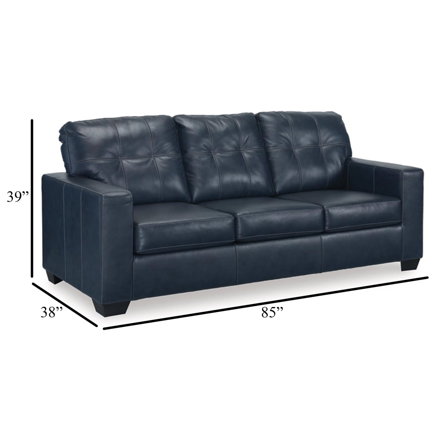 Divano Orion, cuscini in vera e similpelle trapuntati blu oceano, 85 pollici