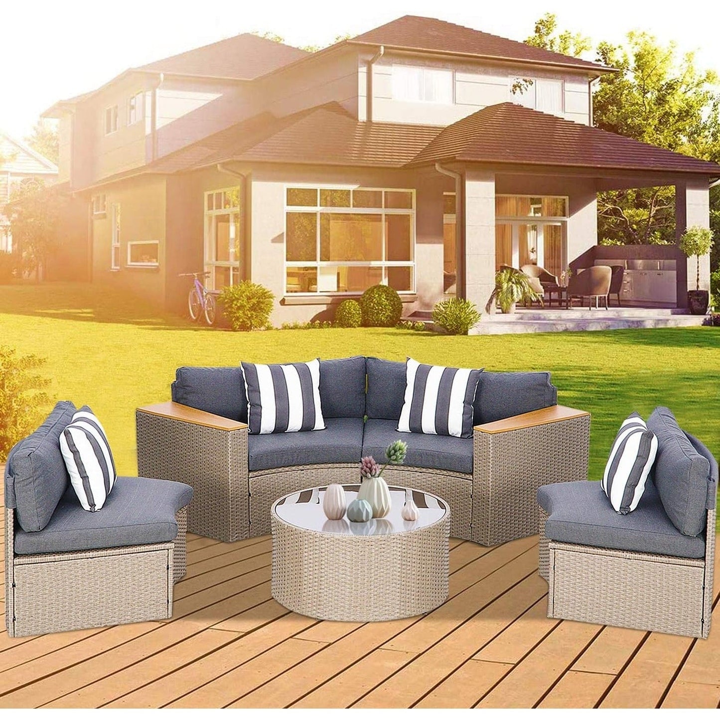 Set di divani componibili curvi a mezzaluna e semicircolari in rattan e vimini da 5 pezzi per esterni