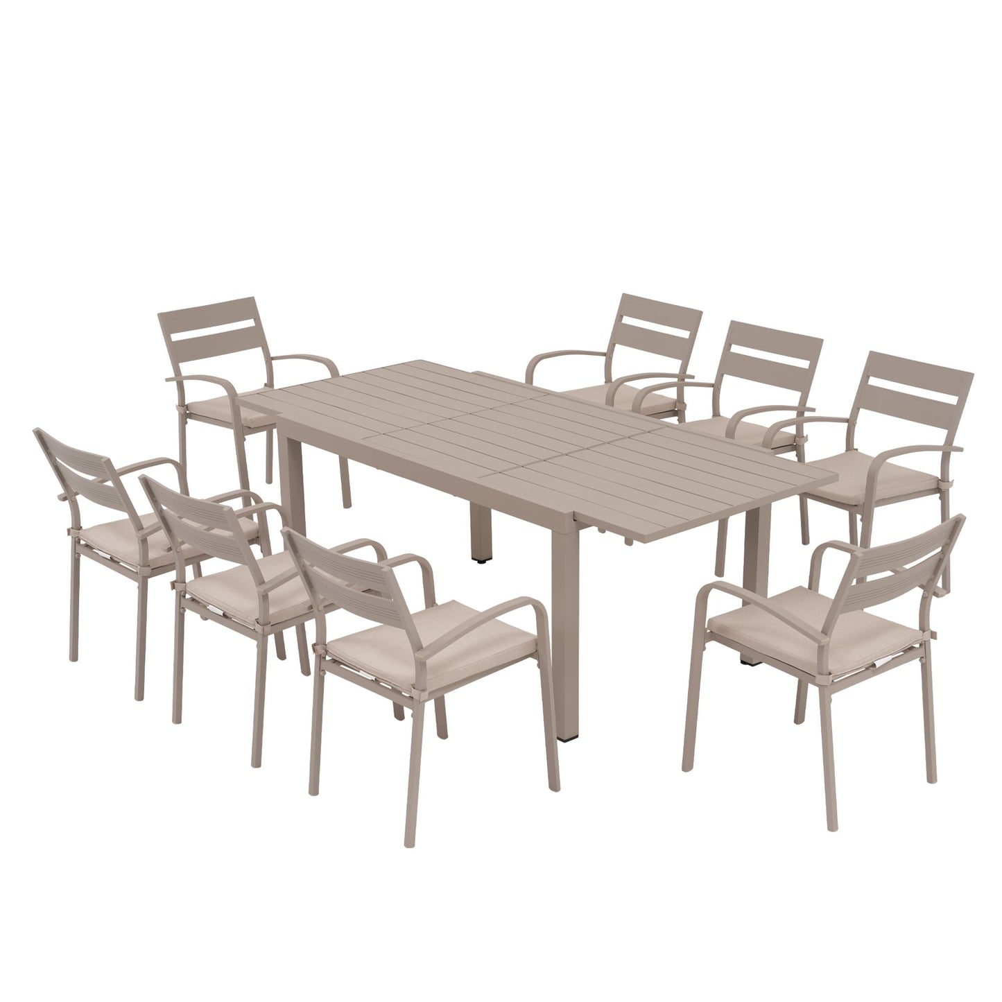 Set da pranzo per esterni in alluminio da 9 pezzi con sedie impilabili e tavolo allungabile