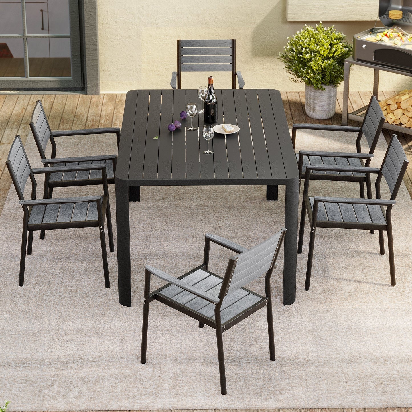 Tavolo da pranzo da esterno allungabile con prolunga, sedie impilabili, alluminio - Vedi immagine