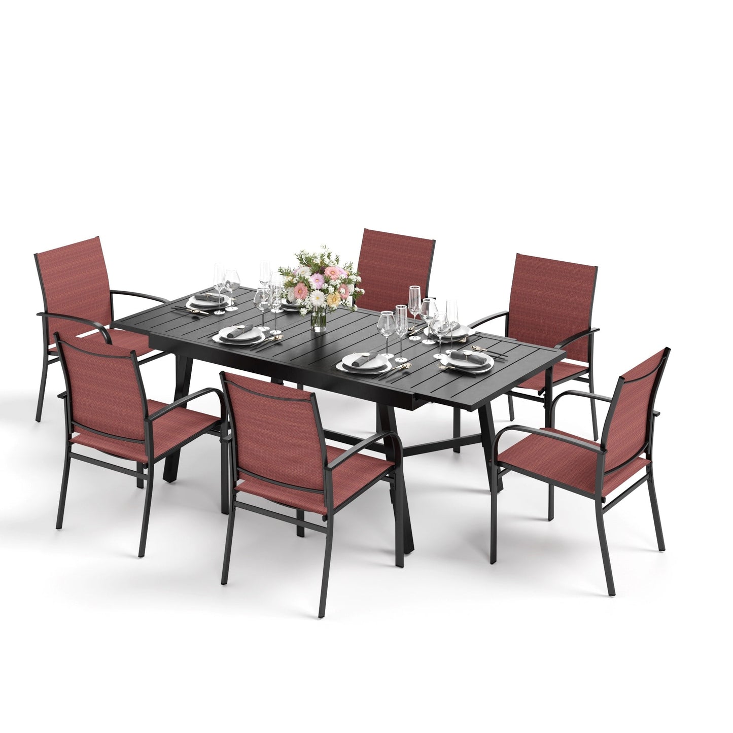 MAISON ARTS Set da pranzo per esterni da 7/9 pezzi con tavolo rettangolare espandibile in metallo e 6/8 sedie da pranzo in textilene