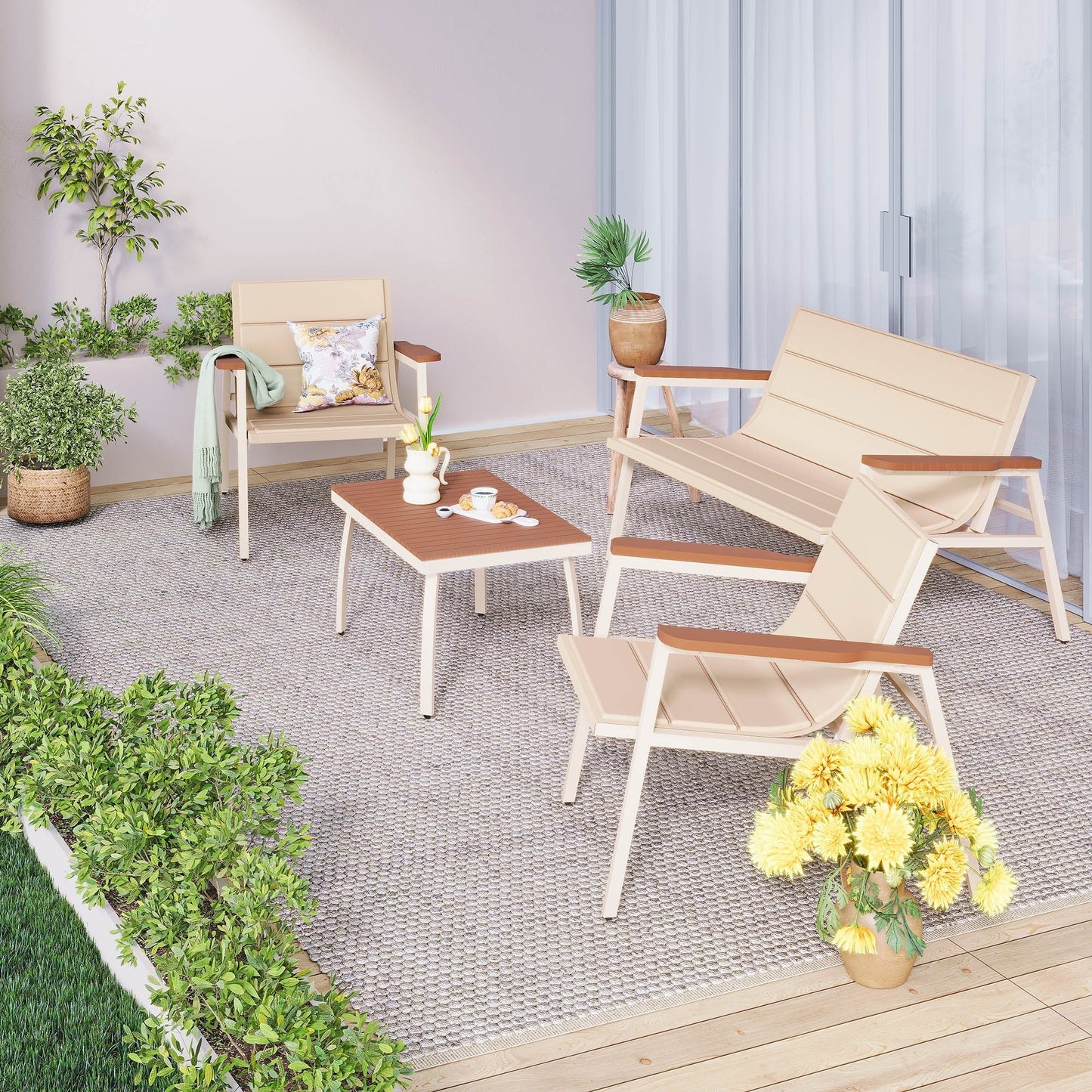Set di mobili da giardino per esterni, 4 pezzi, set da conversazione per patio con cuscino imbottito sospeso per prato, cortile, balcone, beige