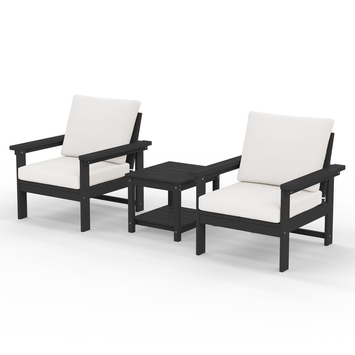 Set da conversazione per patio esterno in HDPE, 2 poltrone e tavolino doppio, cuscini rimovibili inclusi