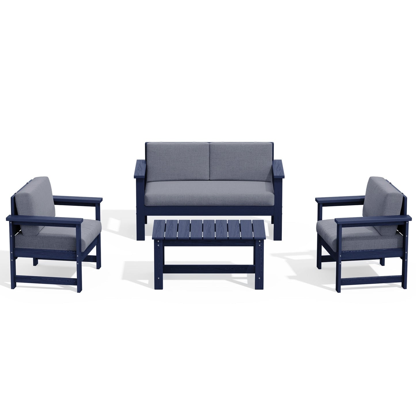 Set di divani componibili e tavolo da esterno in HDPE per patio, cuscini rimovibili inclusi, un divano a due posti, 2 divani singoli