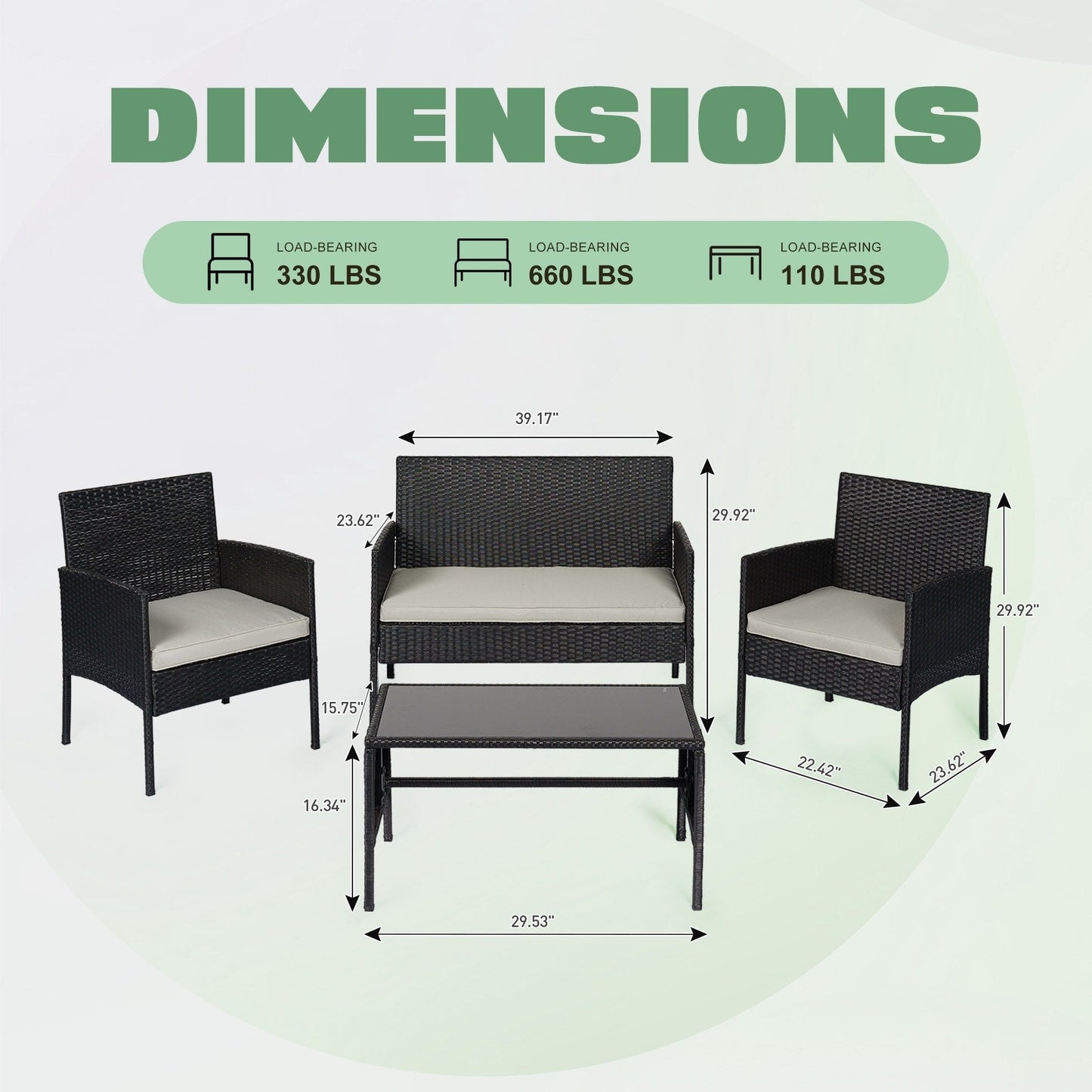 Set di 4 mobili da giardino in vimini per conversazioni, set di mobili da esterno in rattan con cuscini per giardino