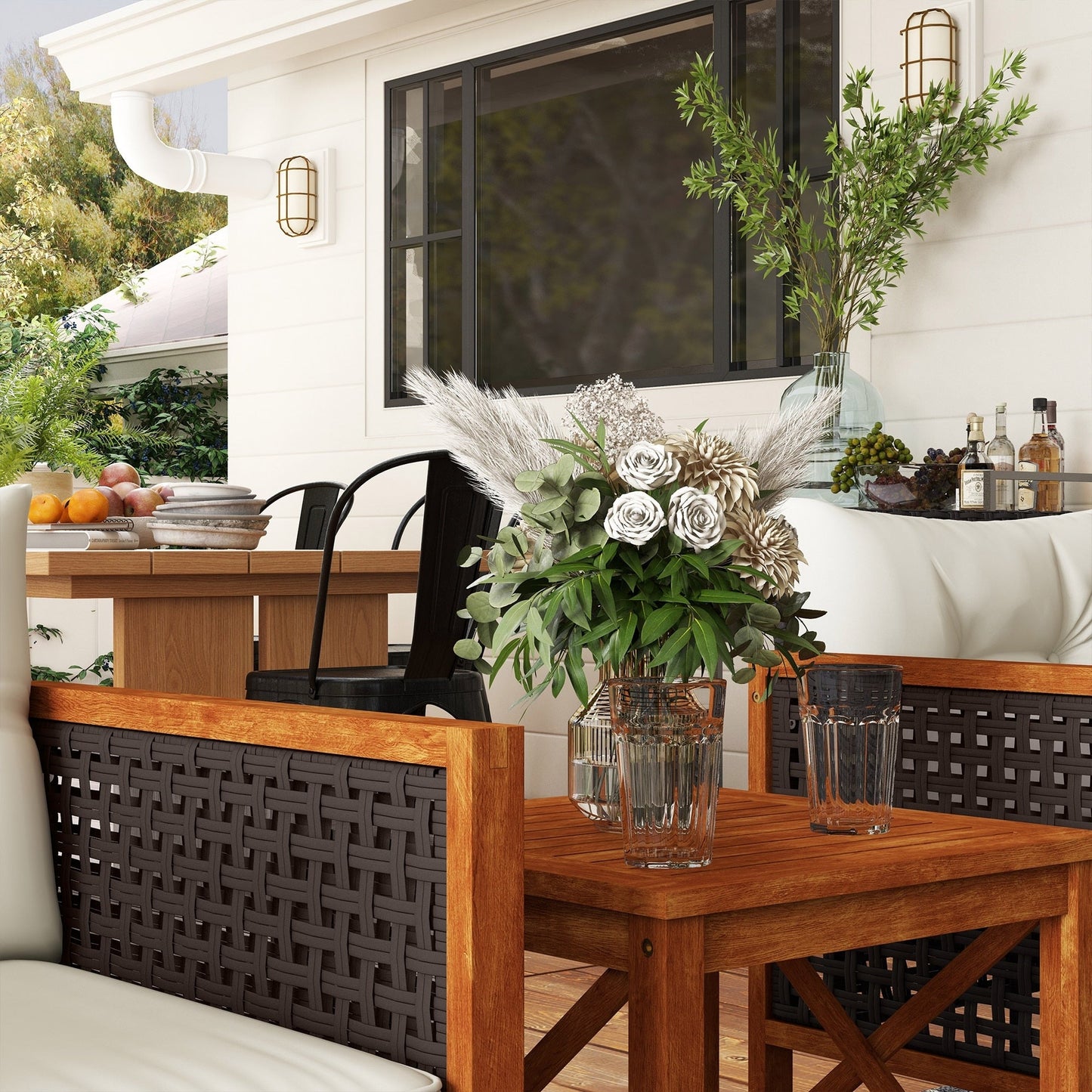 Outsunny Set da bistrot da giardino 3 pezzi in legno con cuscini, mobili da giardino in vimini PE per esterno per veranda, cortile, giardino, marrone