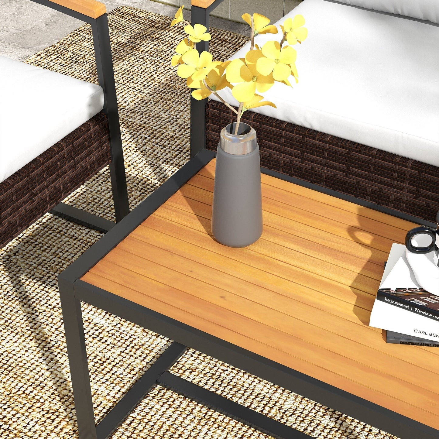 Set di mobili da giardino Outsunny da 4 pezzi con divano, poltrona in rattan, tavolo in legno, cuscini, set da conversazione all'aperto per cortile e prato