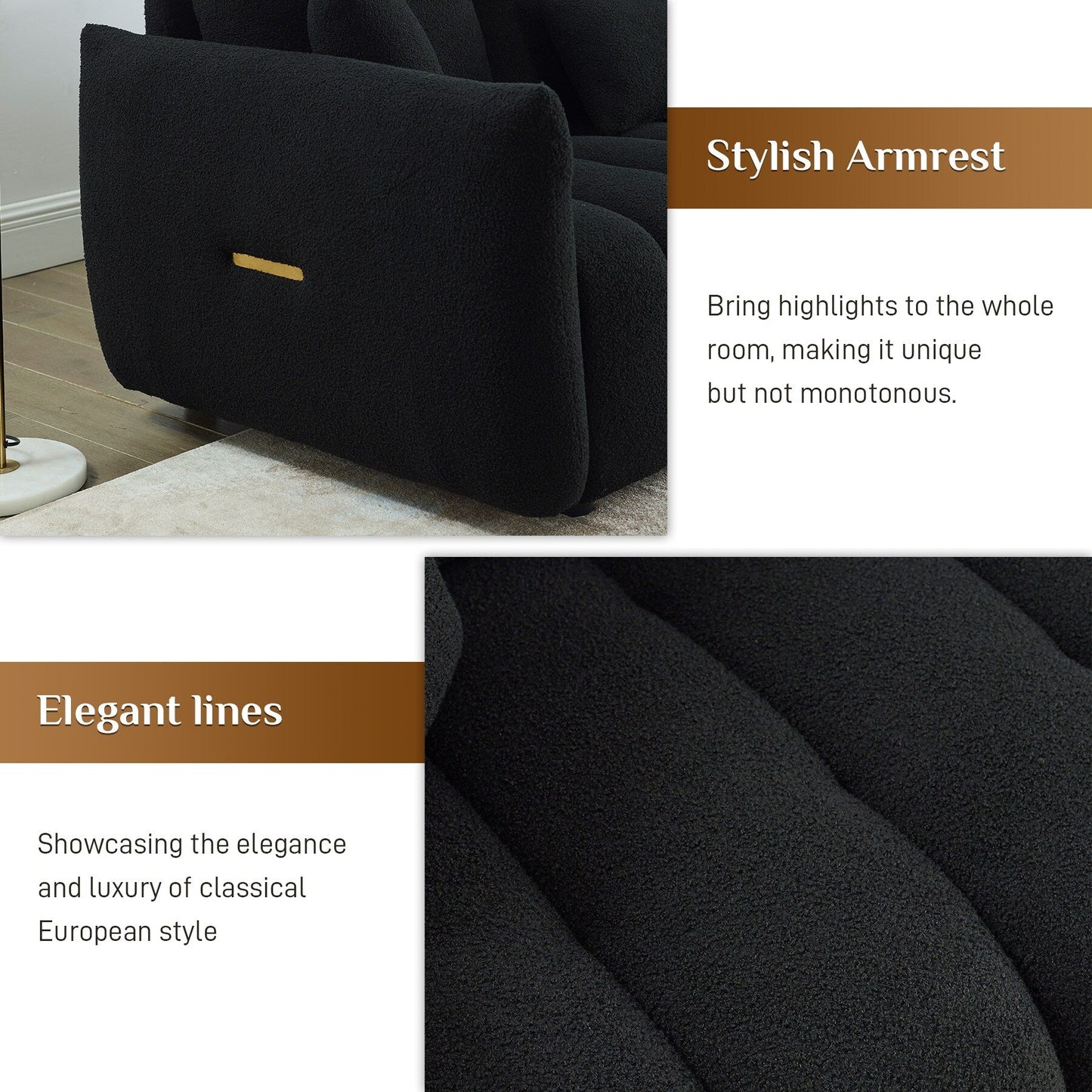 Divano imbottito Ouyessir in tessuto morbido con seduta profonda e 3 cuscini