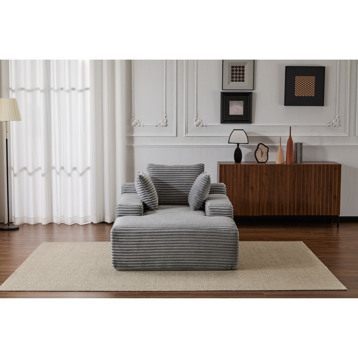 Divano letto chaise longue oversize in velluto a coste con 3 cuscini, bracciolo largo, senza montaggio, grigio
