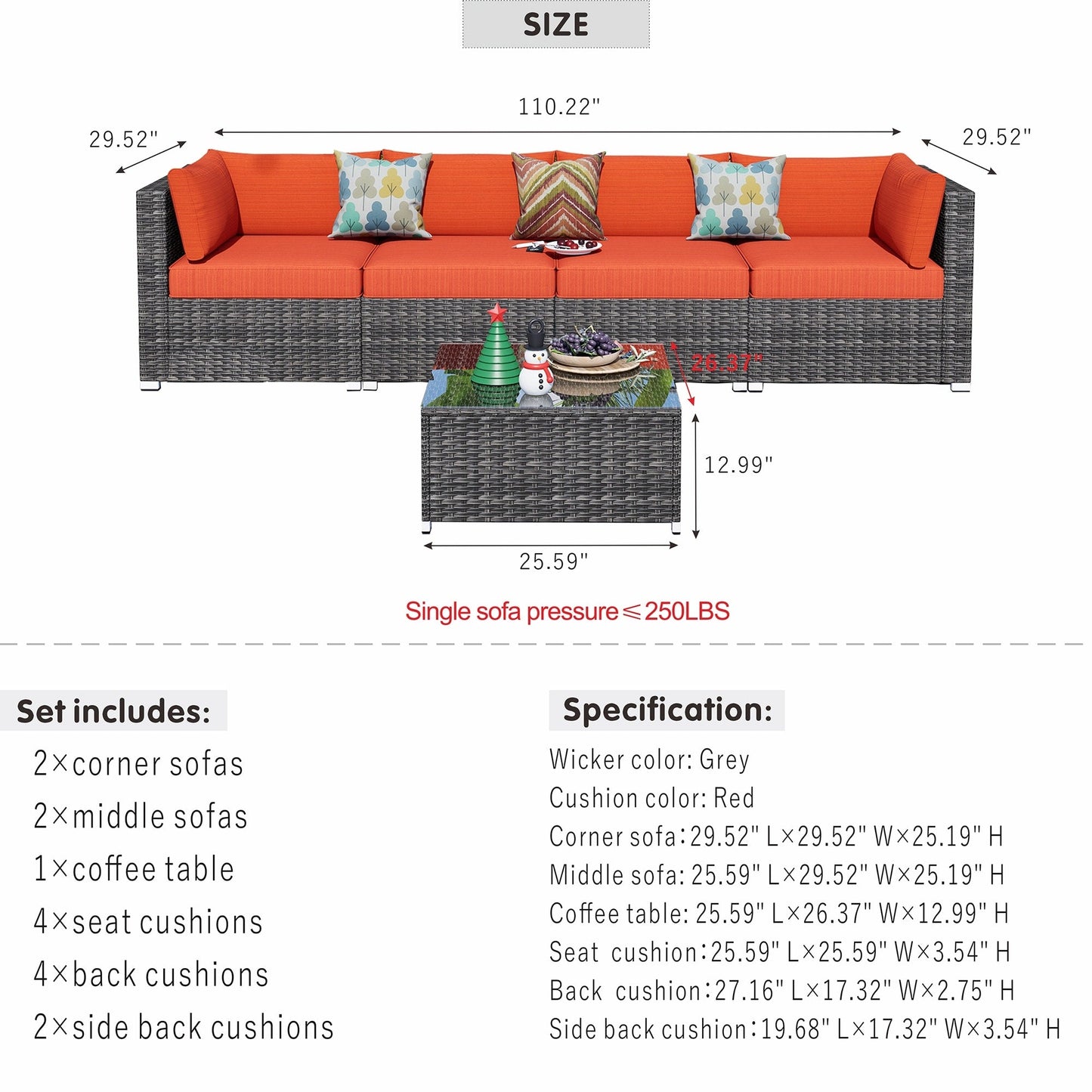 Set di divani componibili in vimini OVIOS Deep Seat da 5 pezzi