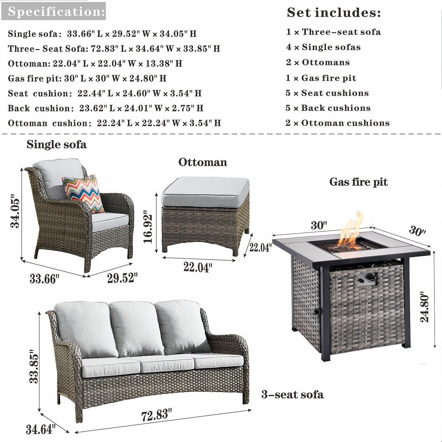 Set di mobili da giardino OVIOS in vimini grigio da 8 pezzi con braciere