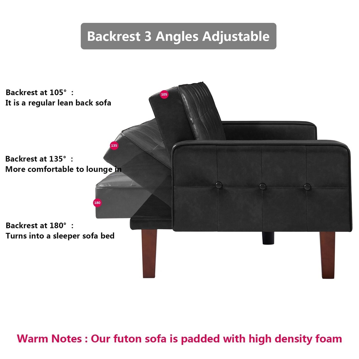 Divano letto futon in PU per soggiorno, divano letto trasformabile in similpelle, imbottito, divano letto futon, trapuntato a canale, futon per camera da letto