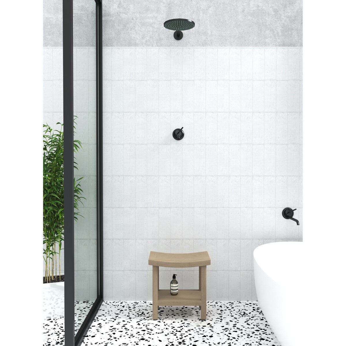 Panca da doccia in teak Sumba brevettata con ripiano