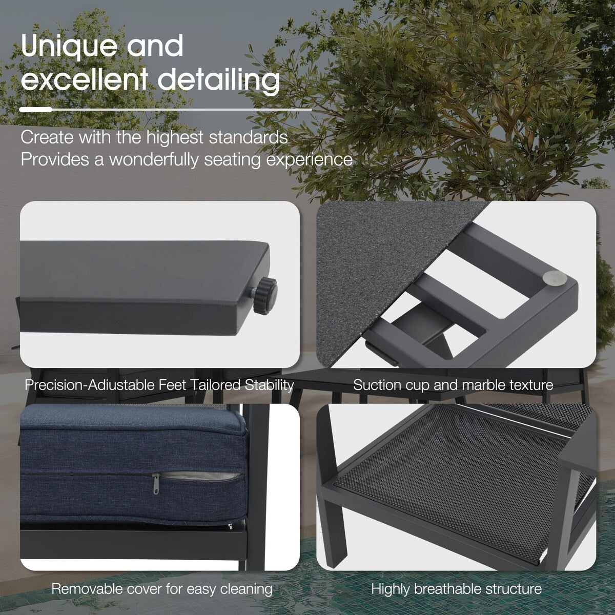 Set da conversazione in alluminio da 4 pezzi per patio con cuscini e tavolo con texture in marmo