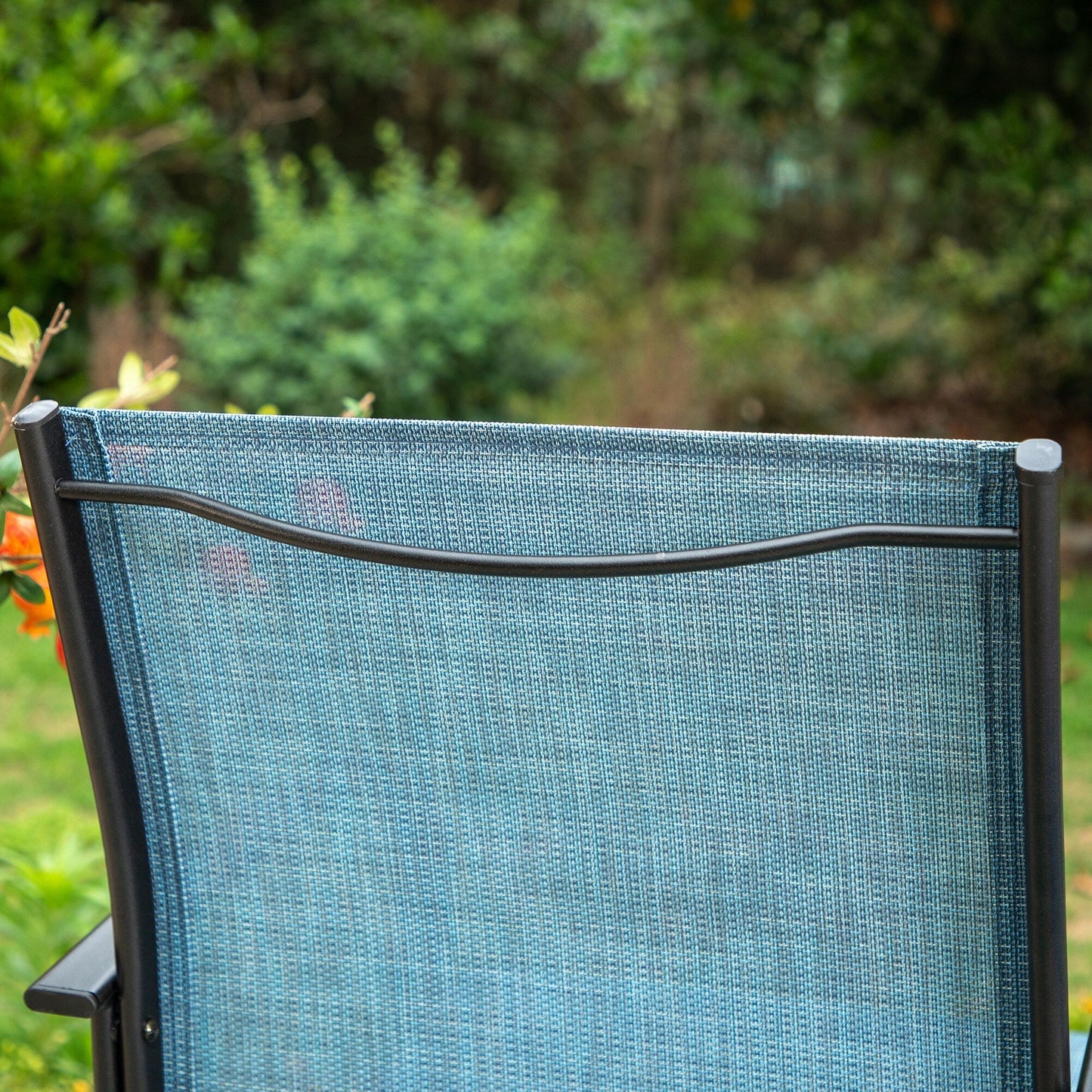 MAISON ARTS Set da pranzo per patio composto da 7 pezzi, tavolo rettangolare geometrico in metallo effetto legno e 6 sedie in textilene