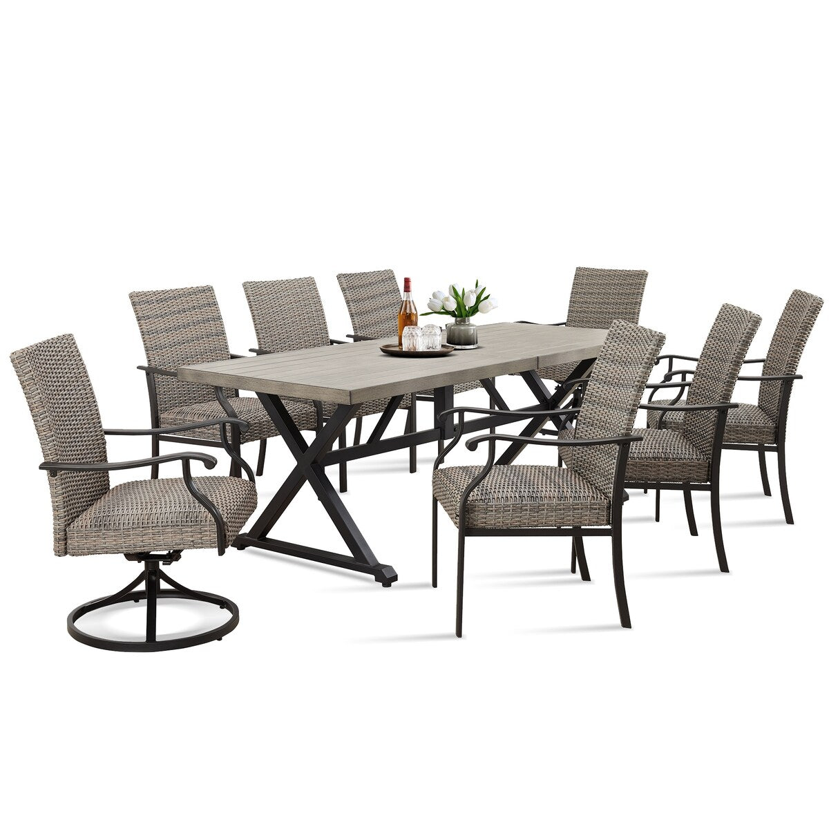 Set da pranzo per patio con 6 poltrone in vimini, 2 sedie girevoli e 1 tavolo