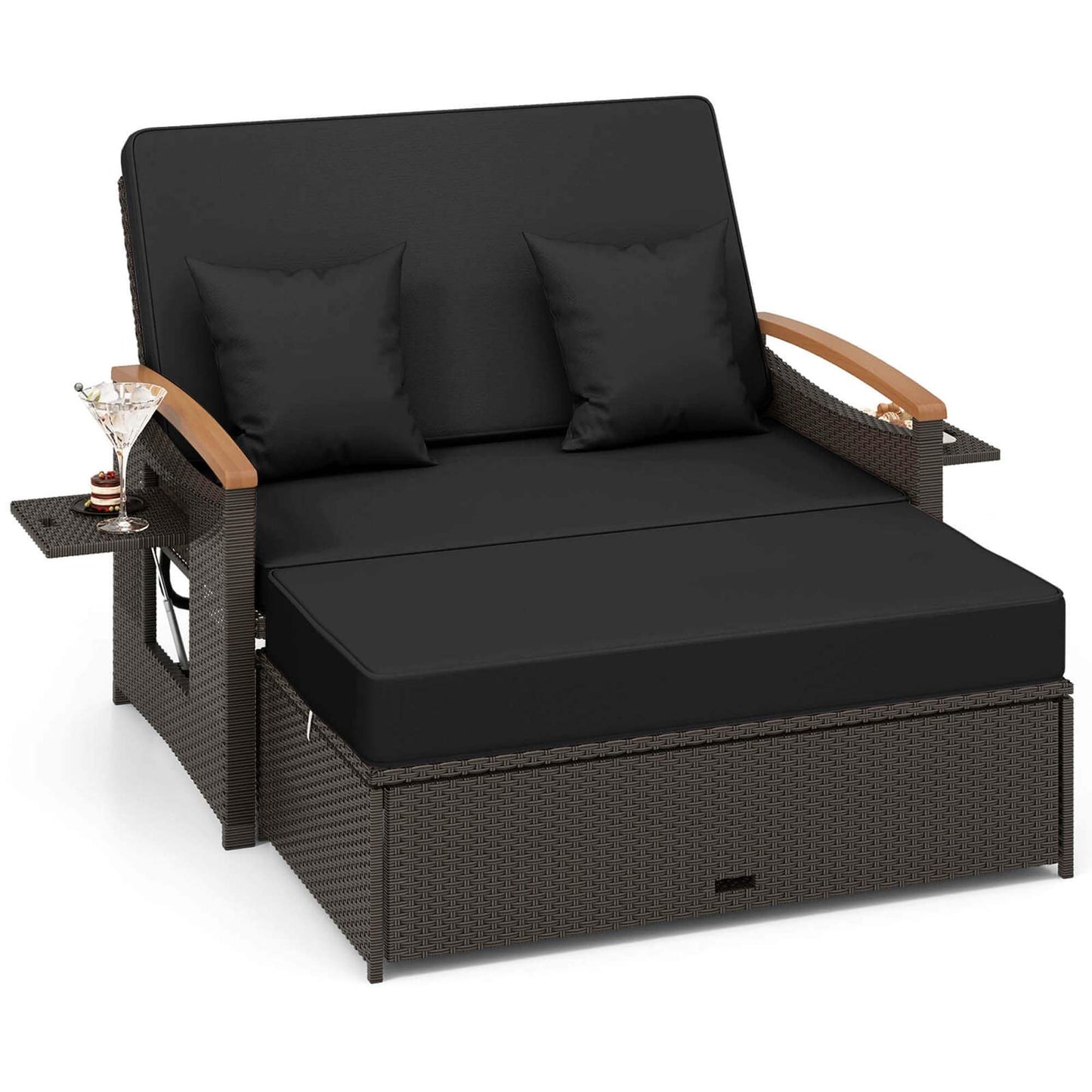 Set di divano letto in rattan per patio con divanetto imbottito e pouf contenitore