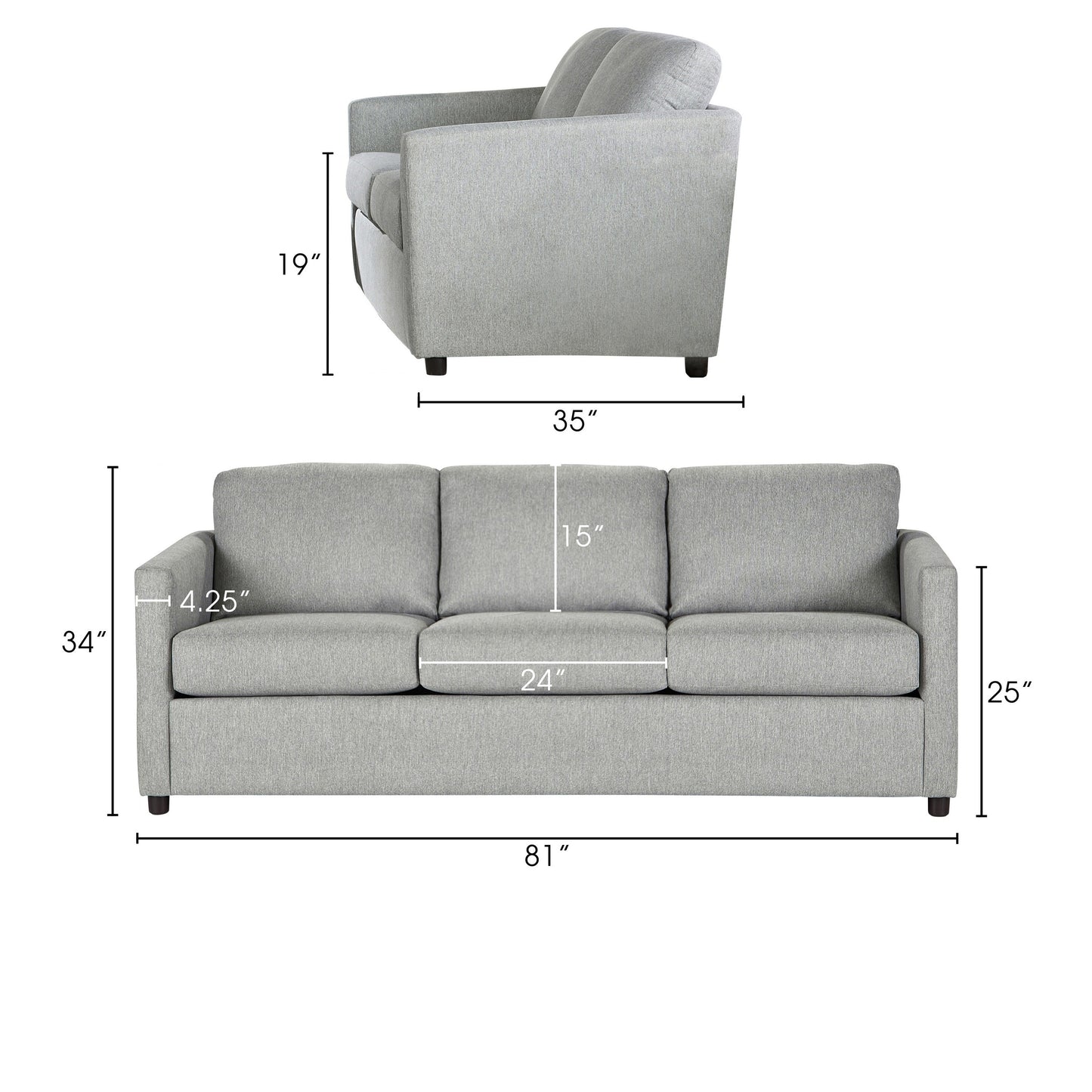 Divano Piasa, in poliestere grigio chiaro di transizione e legno massello, 81 pollici