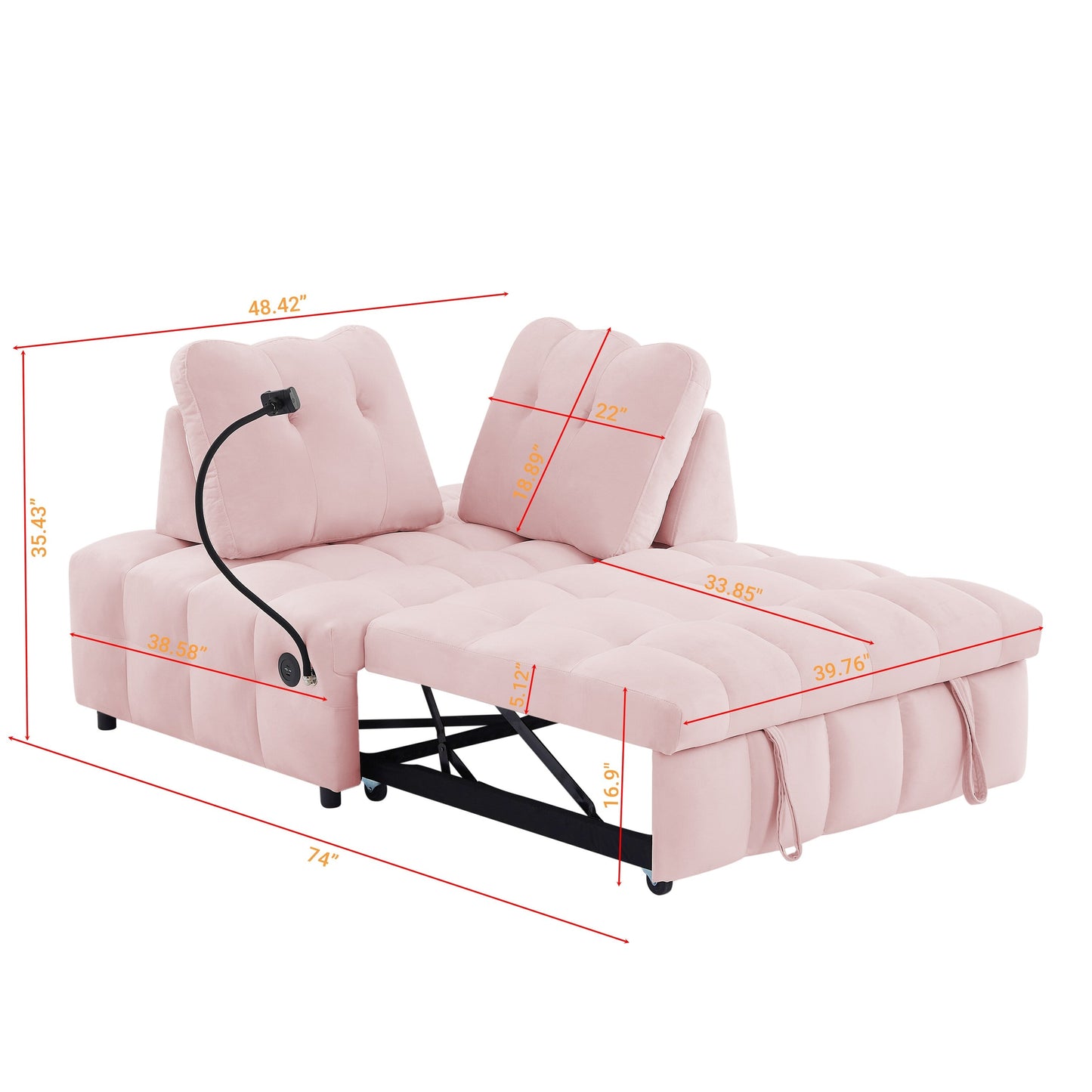 Divano letto estraibile con schienale rimovibile in velluto rosa moderno da 74 pollici, porta USB e supporto girevole per telefono
