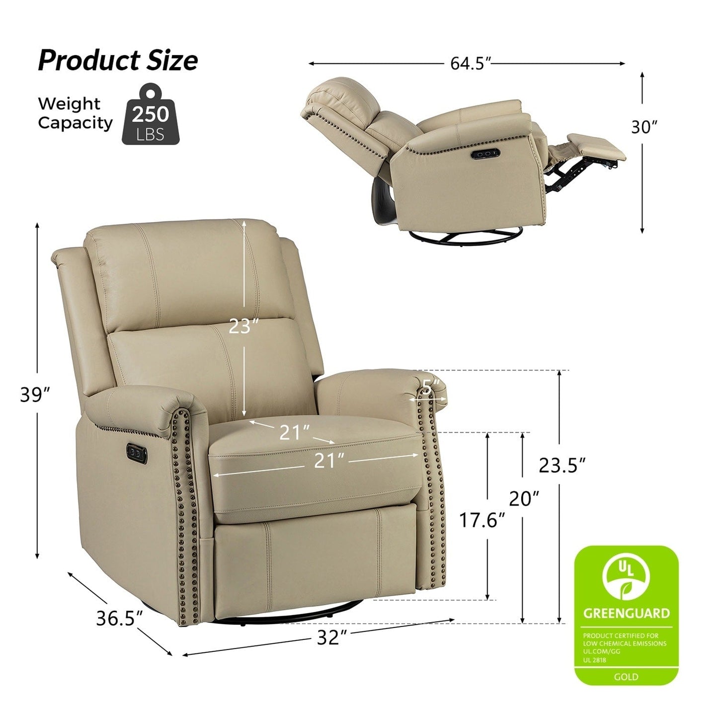 Poltrona reclinabile girevole elettrica tradizionale in vera pelle con borchie Renato e base in metallo, set da 2 di HULALA HOME