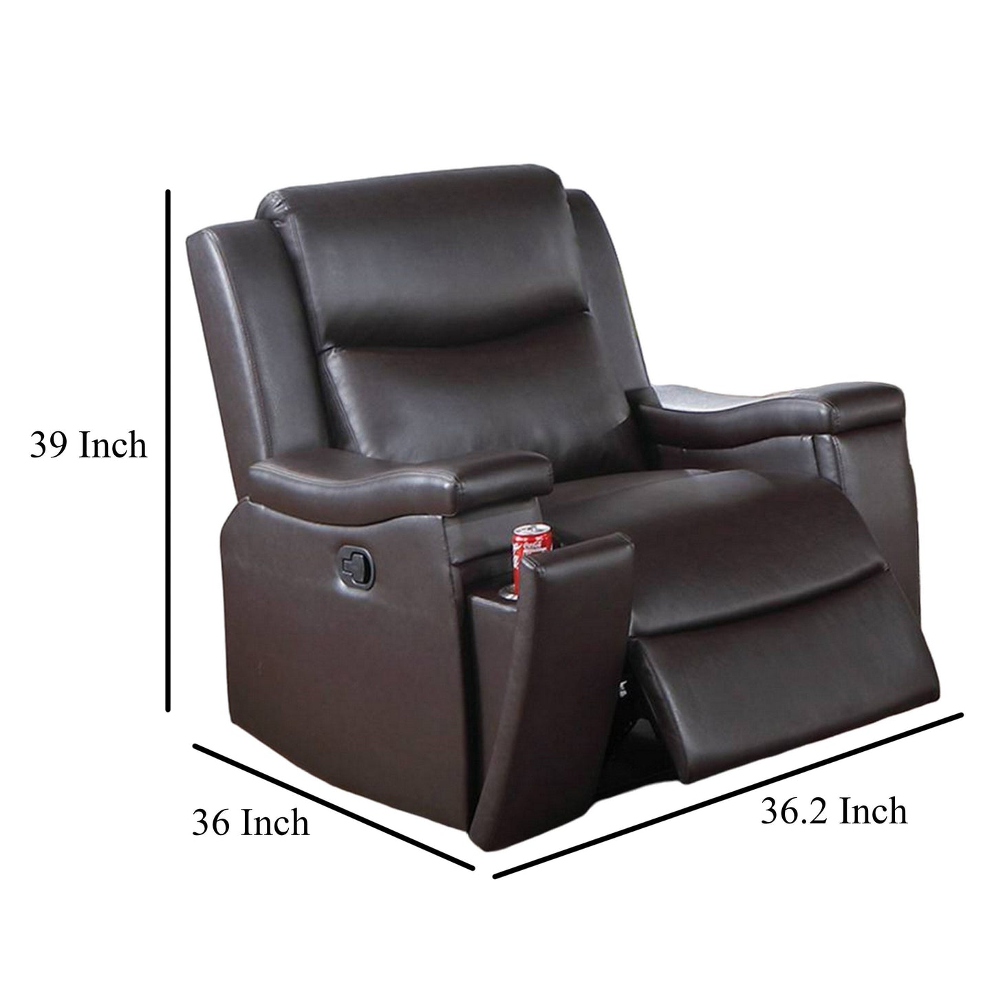 Poltrona reclinabile manuale Renna, portabicchieri, legno massello, similpelle marrone