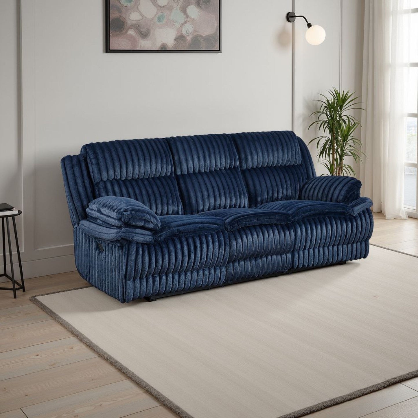 Divano reclinabile manuale Rexy, velluto a coste blu testurizzato, 95 pollici