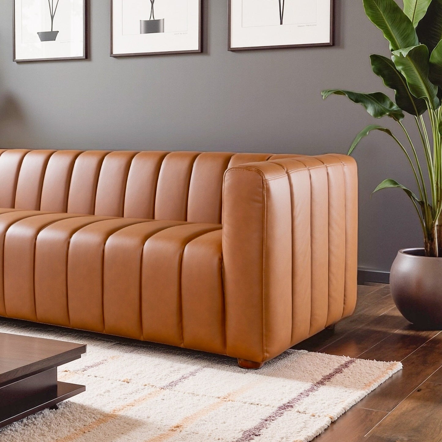 Divano Rolls Mid Century in pelle vegana color cognac
