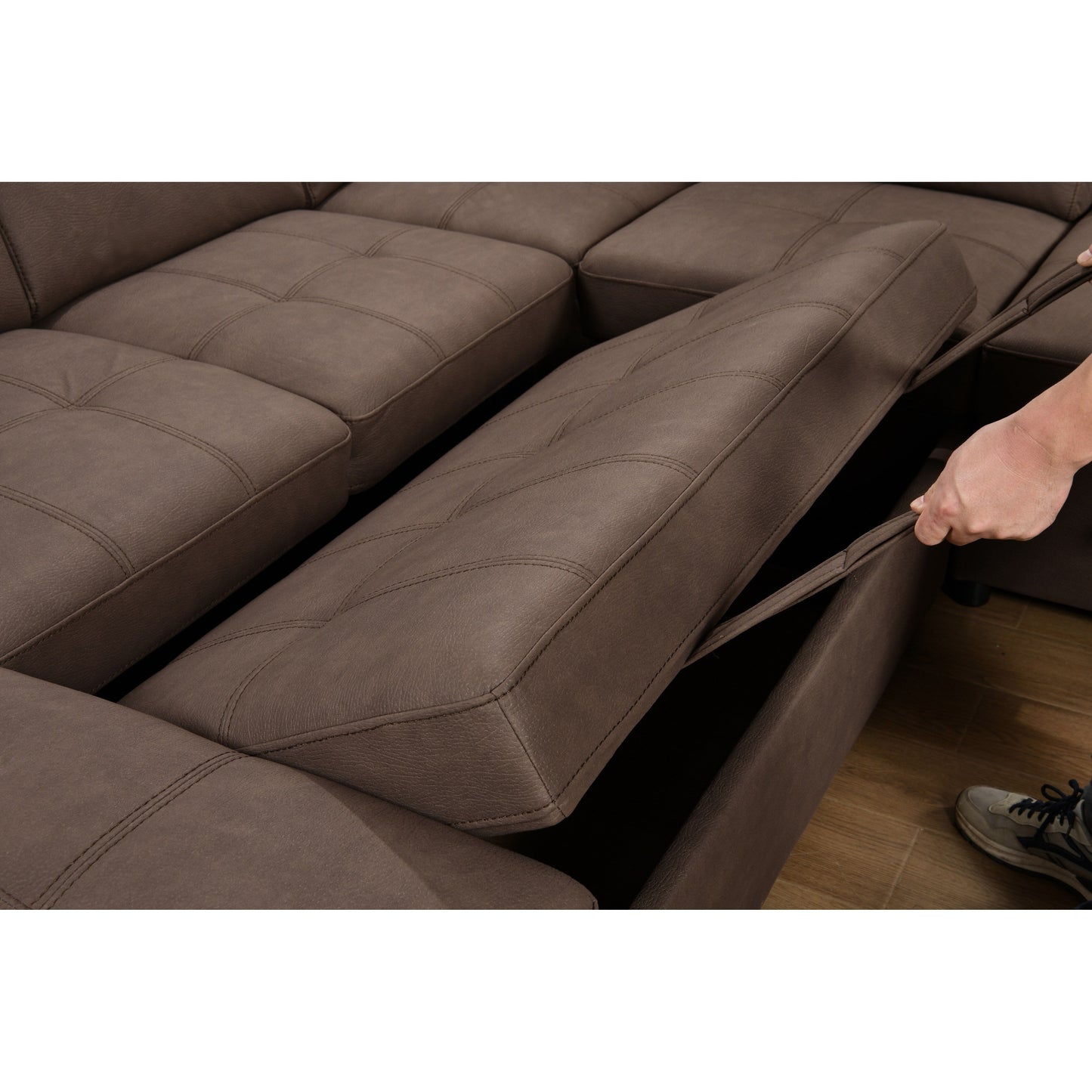 Divano componibile a U Roomfitters 128 con pouf, divano modulare reversibile, divano a 7 posti con seduta contenitore