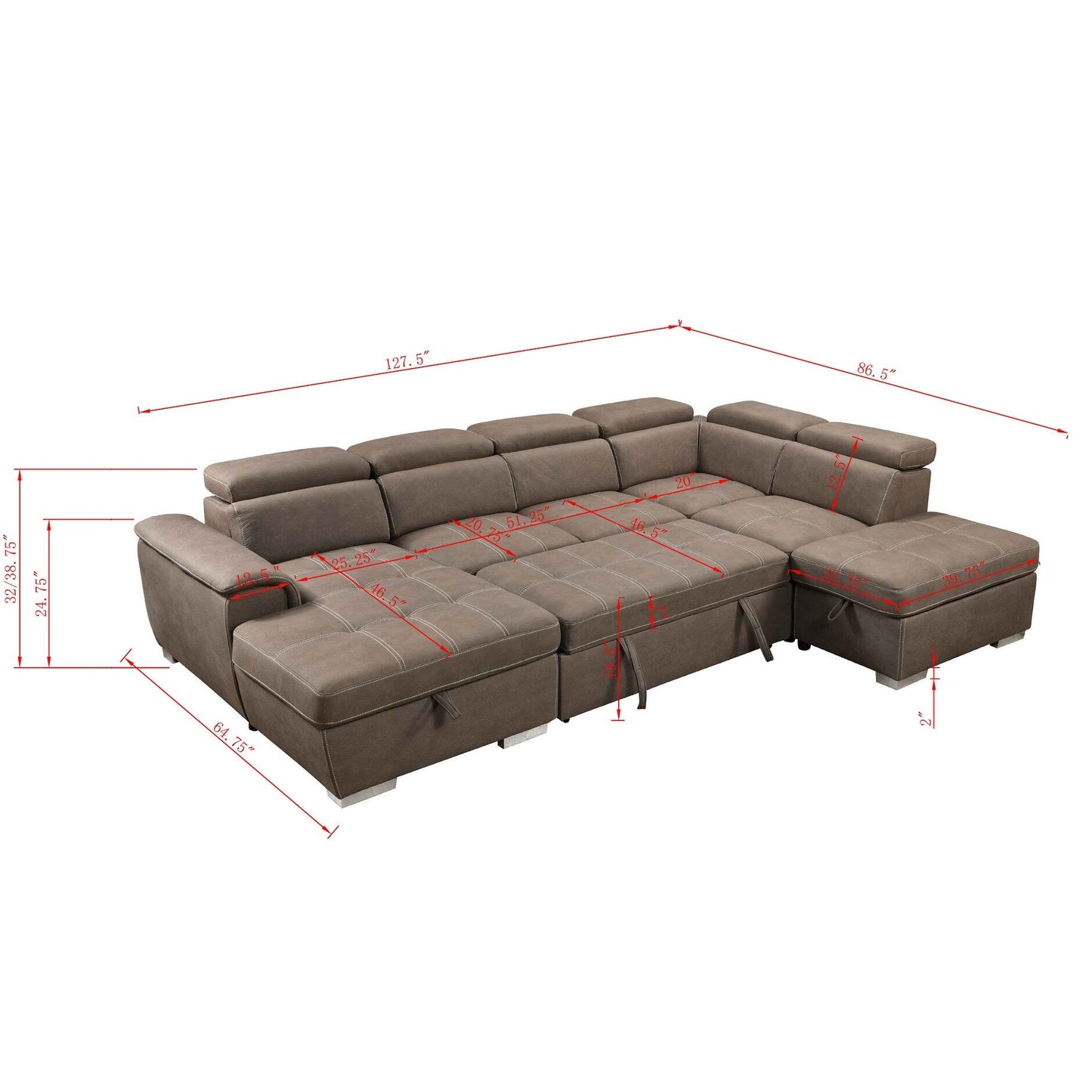 Divano componibile a U Roomfitters 128 con pouf, set di divani modulari reversibili con contenitore