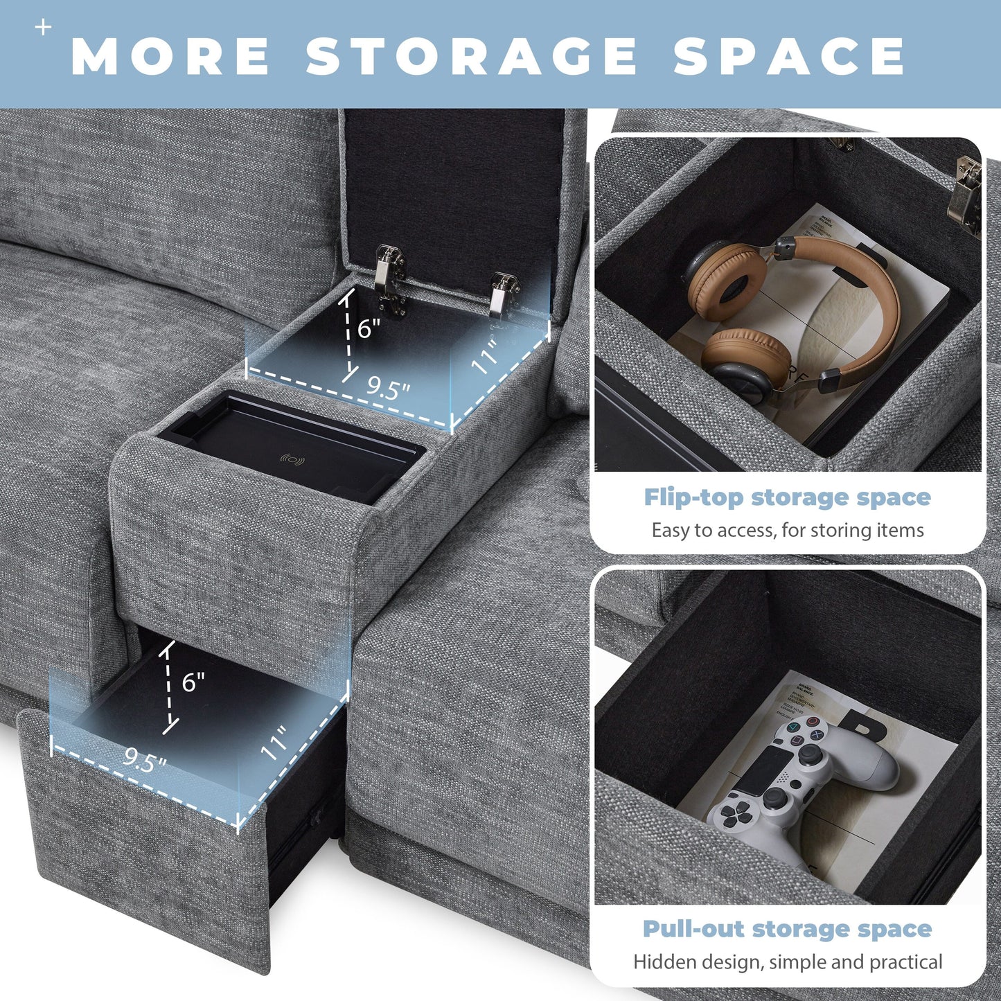 Divano modulare in ciniglia Roomfitters con console USB, pouf mobile e ampio divano a L reversibile a 4 posti