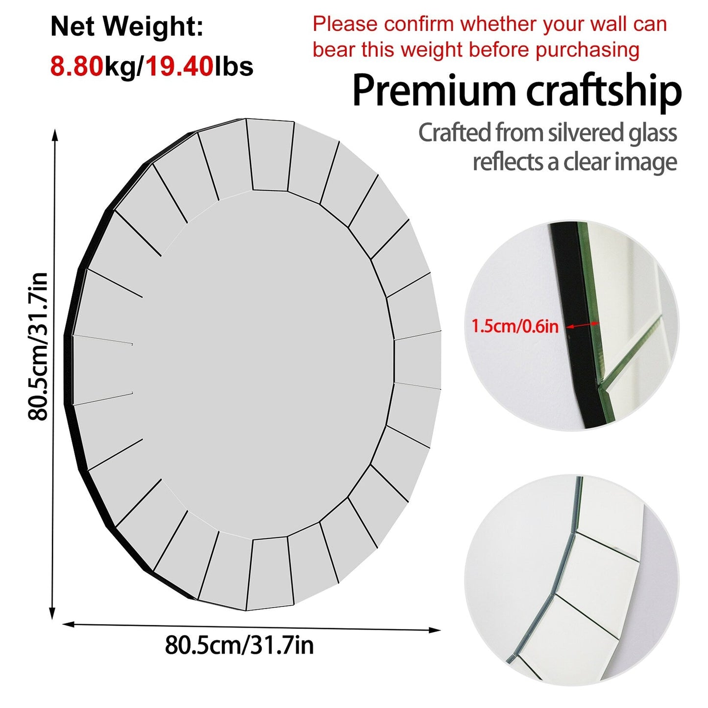 Specchio decorativo da parete rotondo in vetro artistico, specchio veneziano decorato - 32x32