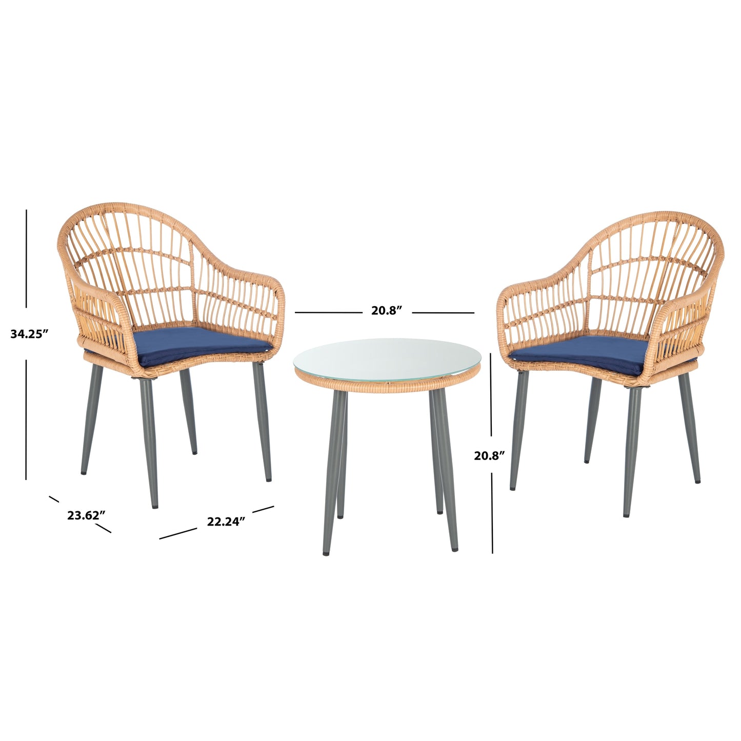 SAFAVIEH Outdoor Living Berlen set di 3 lettini - Naturale/Blu navy - 22L x 24P x 34A