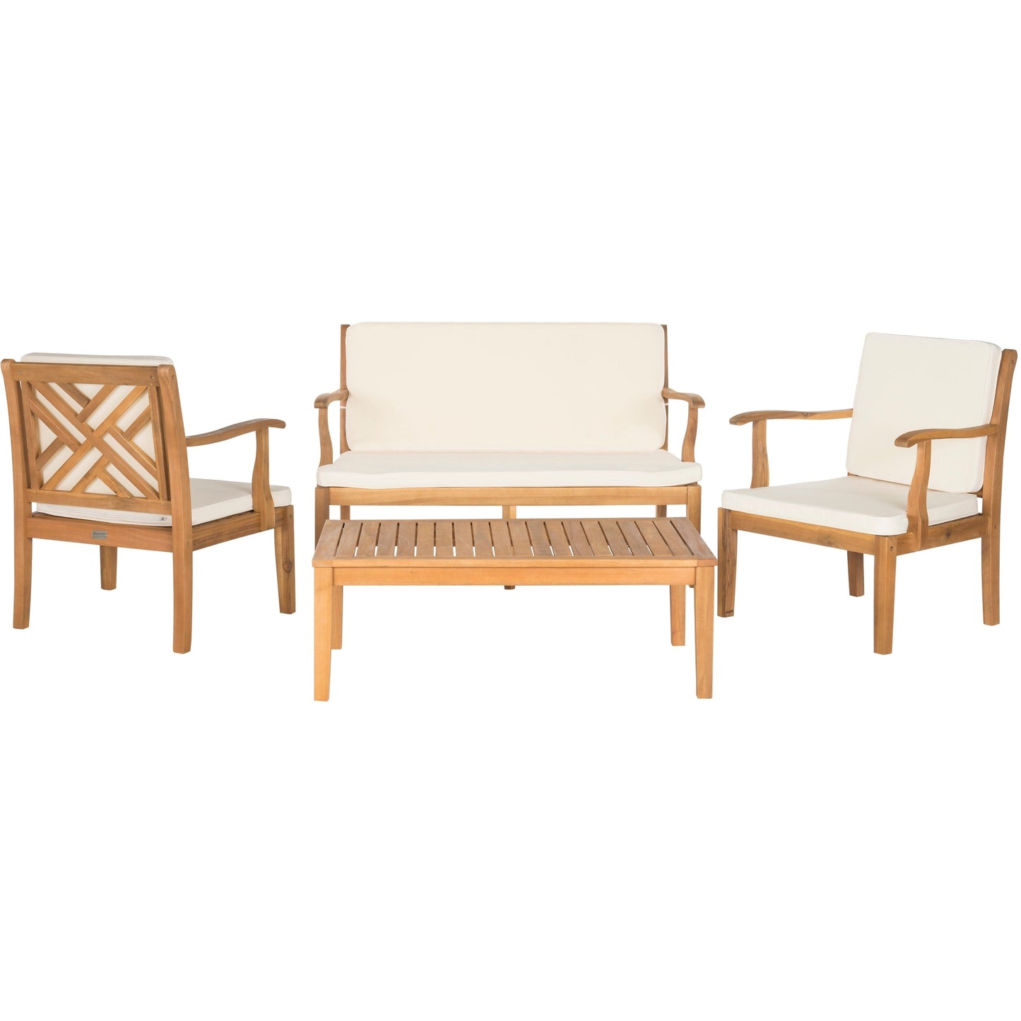 SAFAVIEH Outdoor Living Bradbury Brown Acacia Wood Set da patio con cuscini beige da 4 pezzi - 48L x 25P x 32A