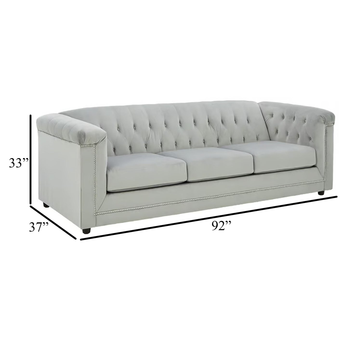 Divano Sanoi, 92 pollici, trapuntato con bottoni, morbido velluto grigio, finiture con borchie