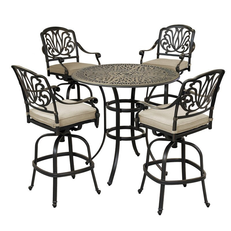 Set da bar in alluminio Saratoga da 5 pezzi con cuscini, tavolo da bar rotondo da 42