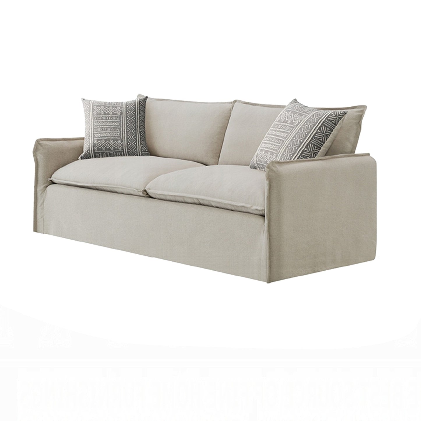 Divano Savoir, 2 cuscini decorativi, tessuto di lino beige contemporaneo, 84 pollici