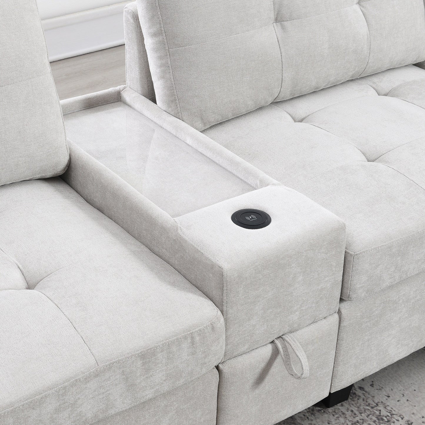 Divano componibile con piano d'appoggio, set divano a U in ciniglia con 2 consolle, caricabatterie USB, cassetti e tasche portaoggetti, pouf