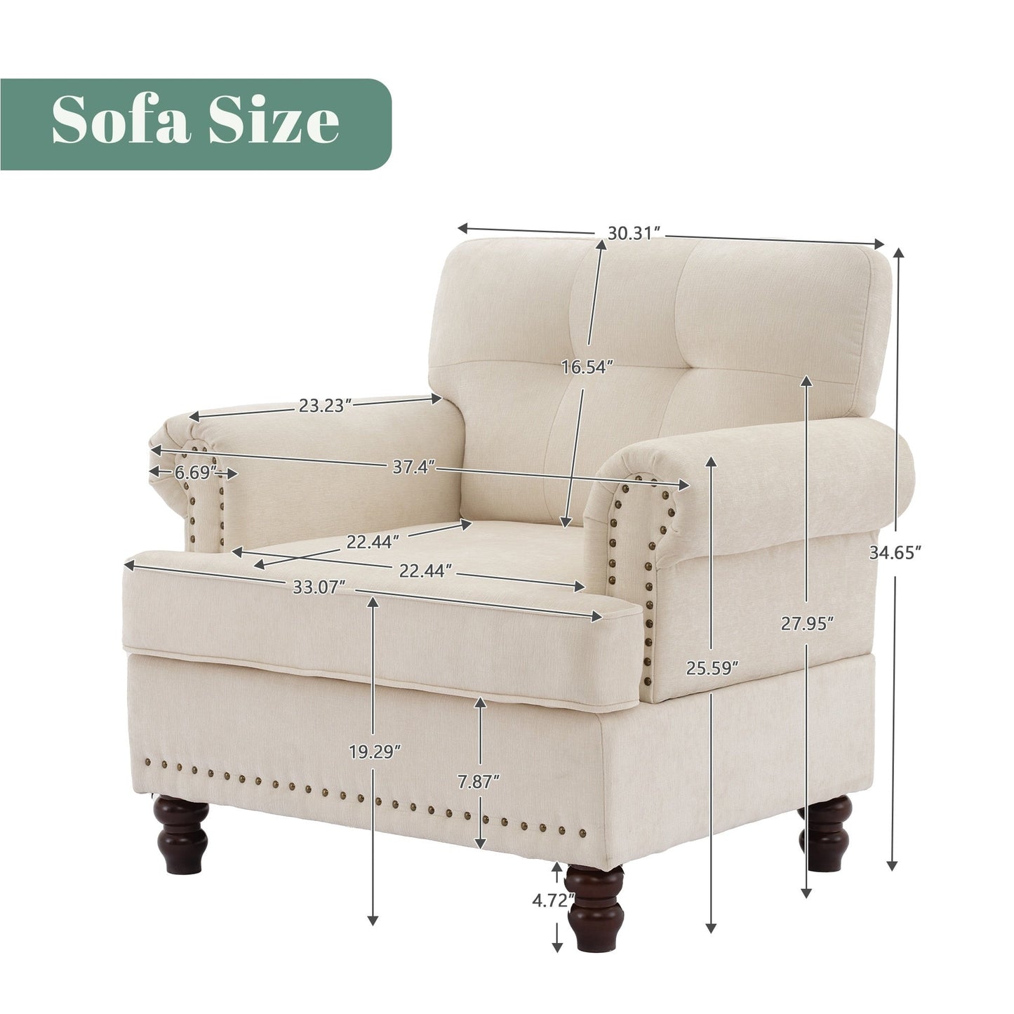 Set di 3 divani in ciniglia per soggiorno, rivestimento con bottoni e borchie, gambe in legno massello di gomma