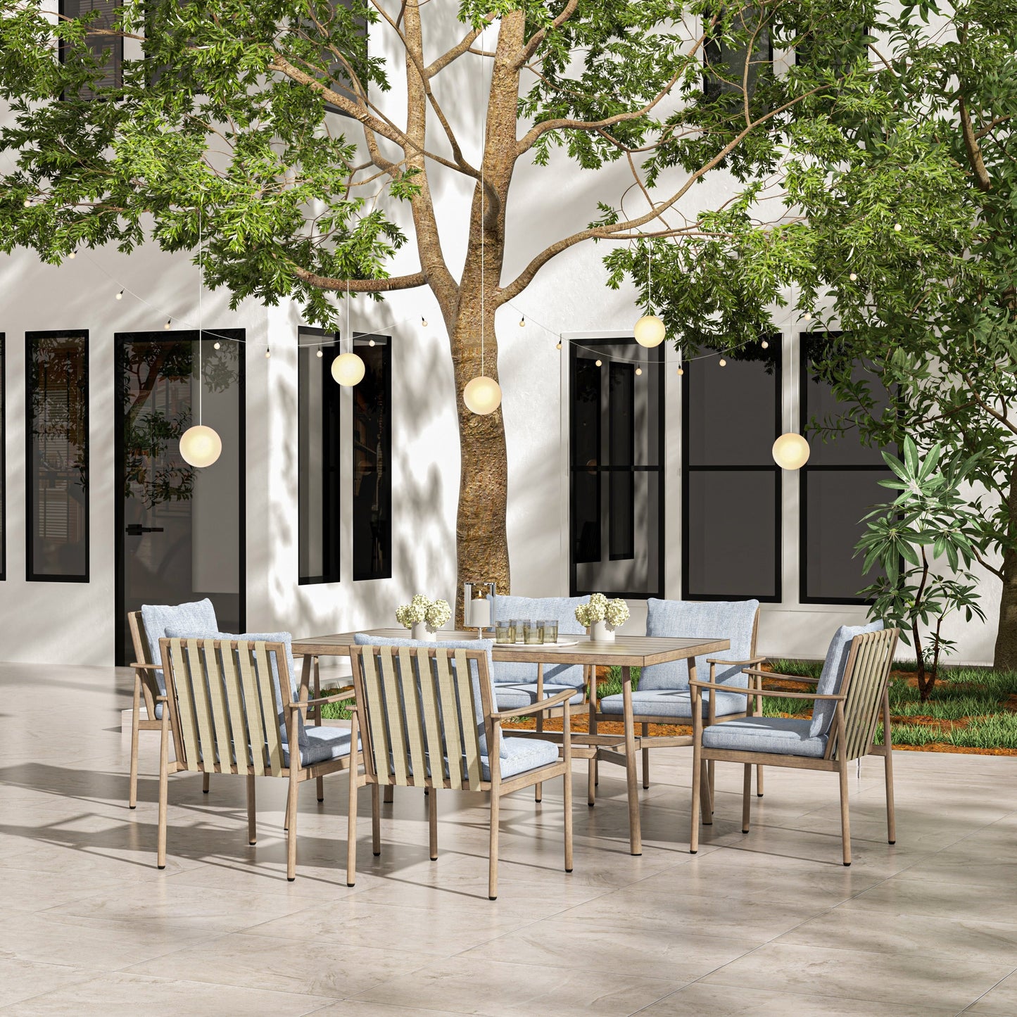 Set da pranzo per patio in alluminio SleekLine da 7 pezzi con schienale in fettuccia e cuscini rimovibili