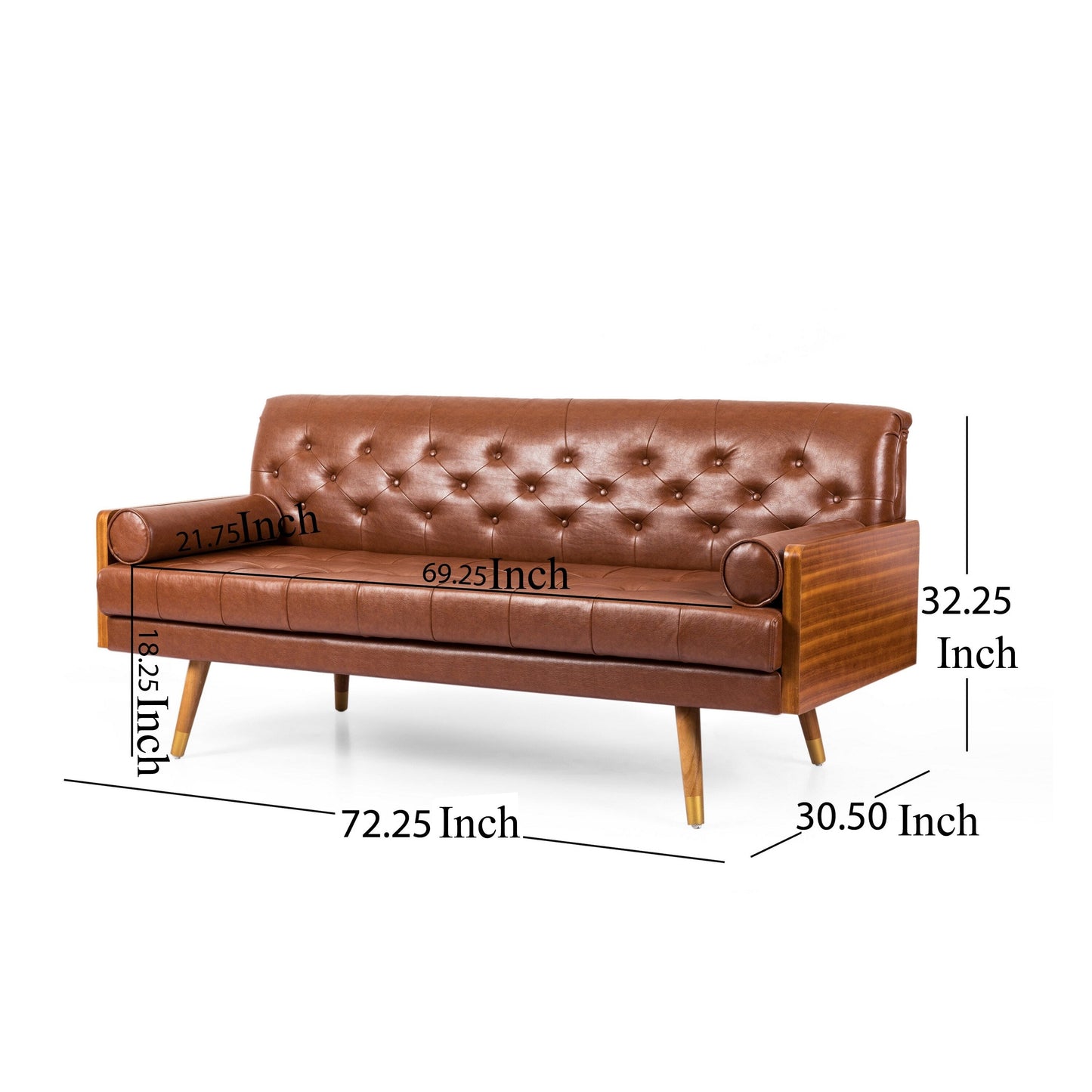 Divano Chesterfield moderno da 72 pollici, imbottito con bottoni, in similpelle marrone