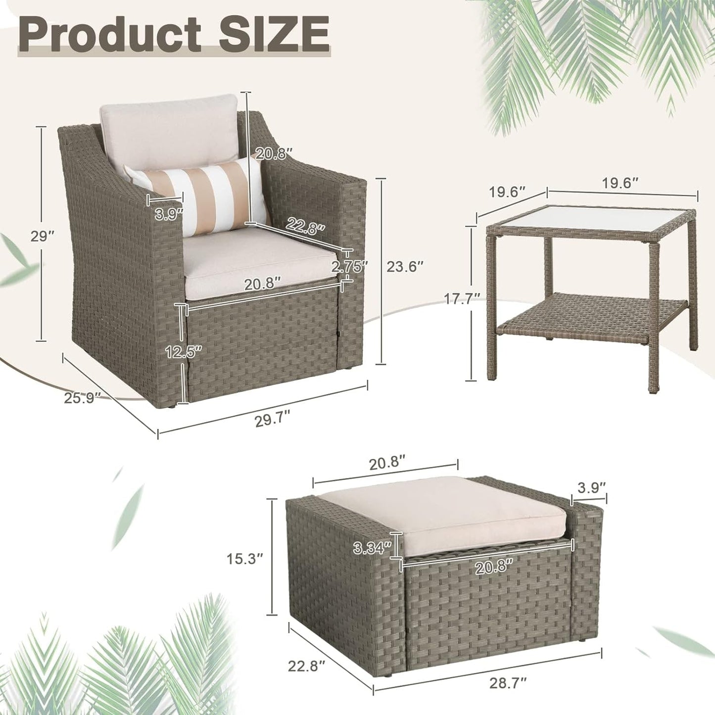 Set da conversazione con poltrona e pouf in vimini per patio da esterno, 5 pezzi