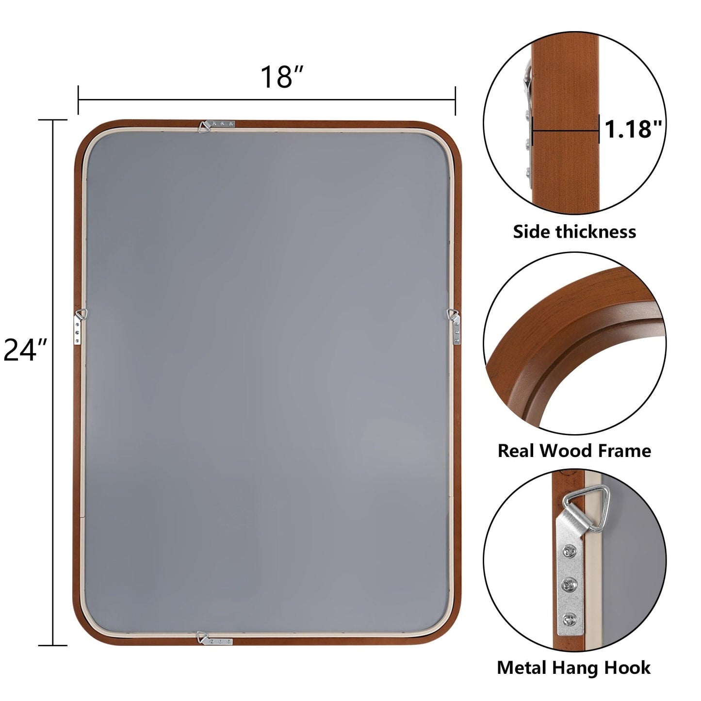 Specchio da parete rettangolare con angoli arrotondati e cornice in legno massello