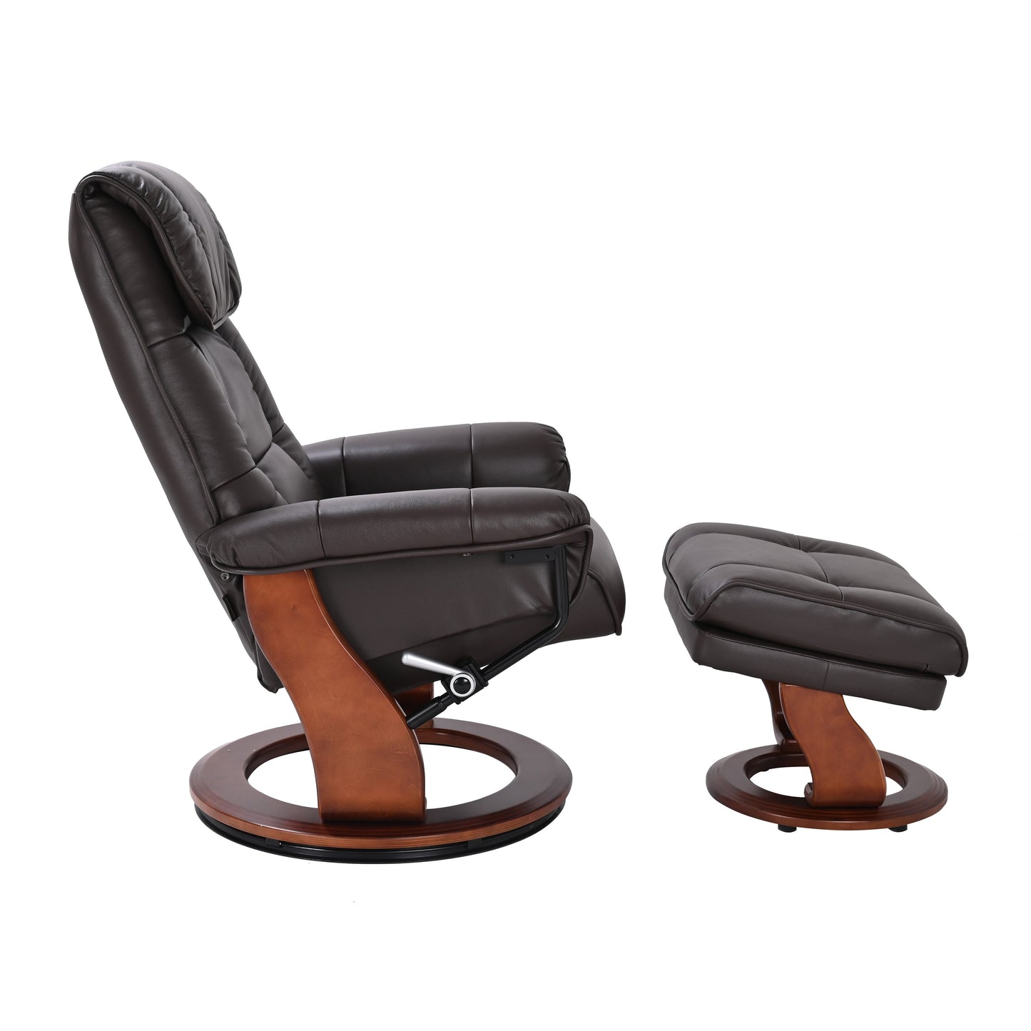Poltrona reclinabile girevole in pelle con pouf contenitore abbinato