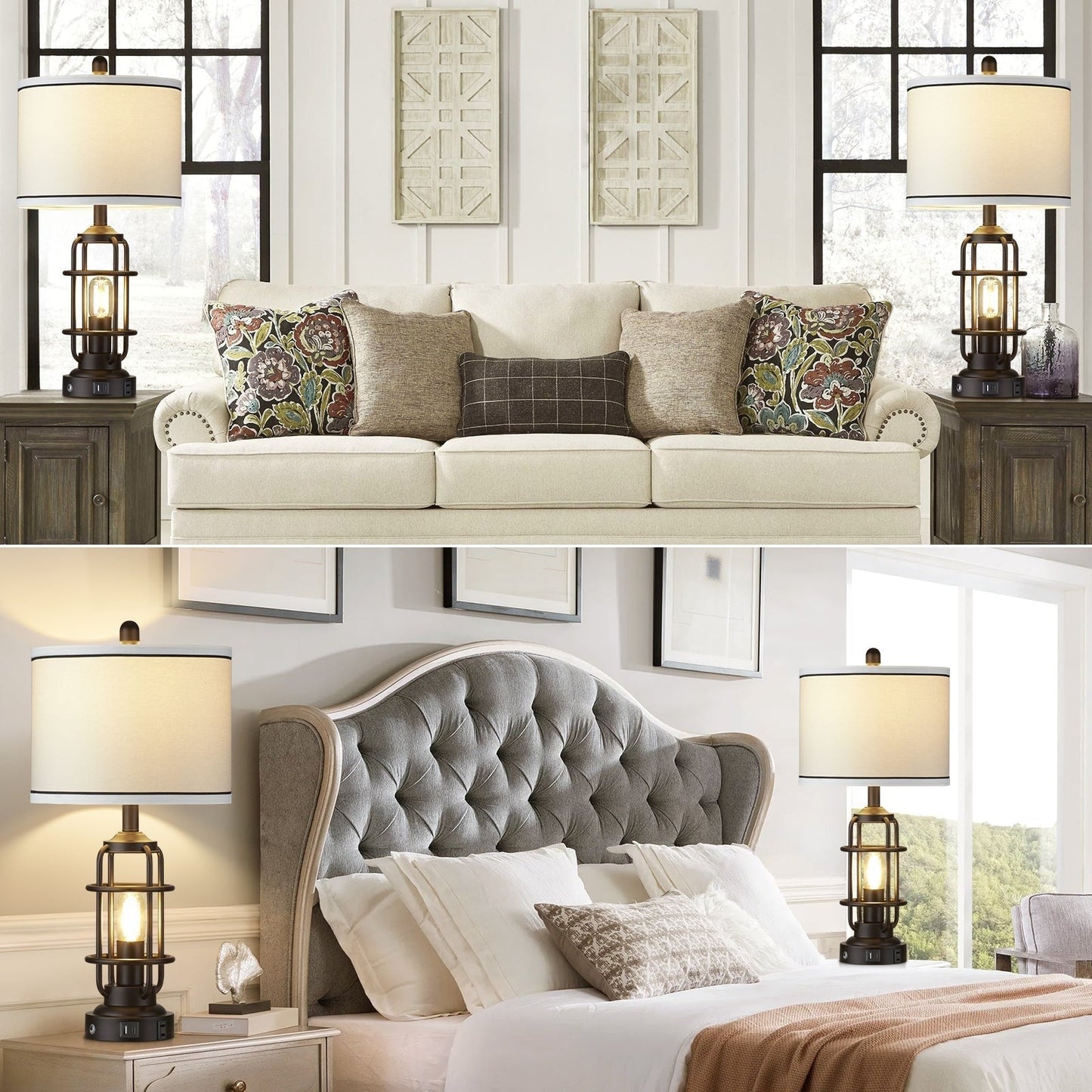 Lampada da tavolo in metallo nero, luce notturna 2 in 1, paralume a tamburo smontabile, interruttore rotante indipendente e interruttore dimmer touch (set di 2)