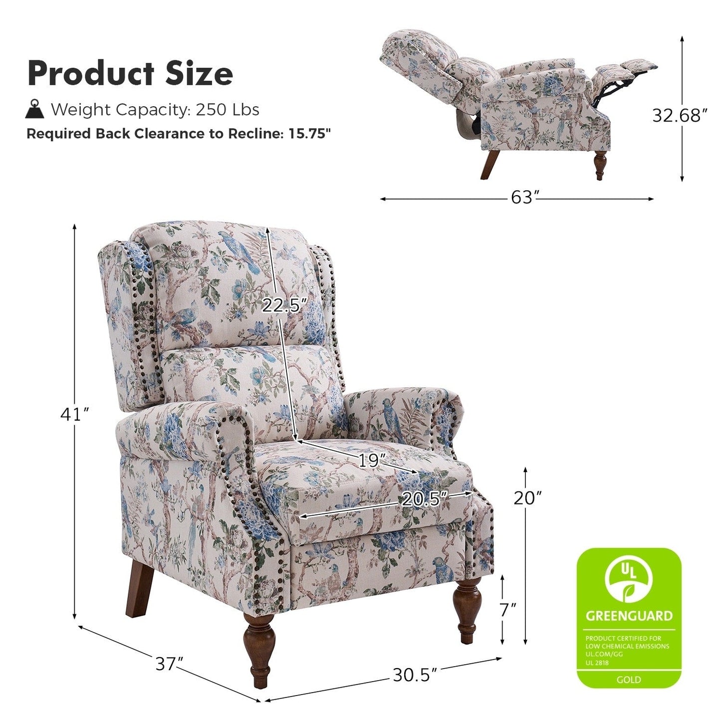 Poltrona reclinabile manuale Terri Classic Cutaway Arms con borchie per soggiorno di HULALA HOME