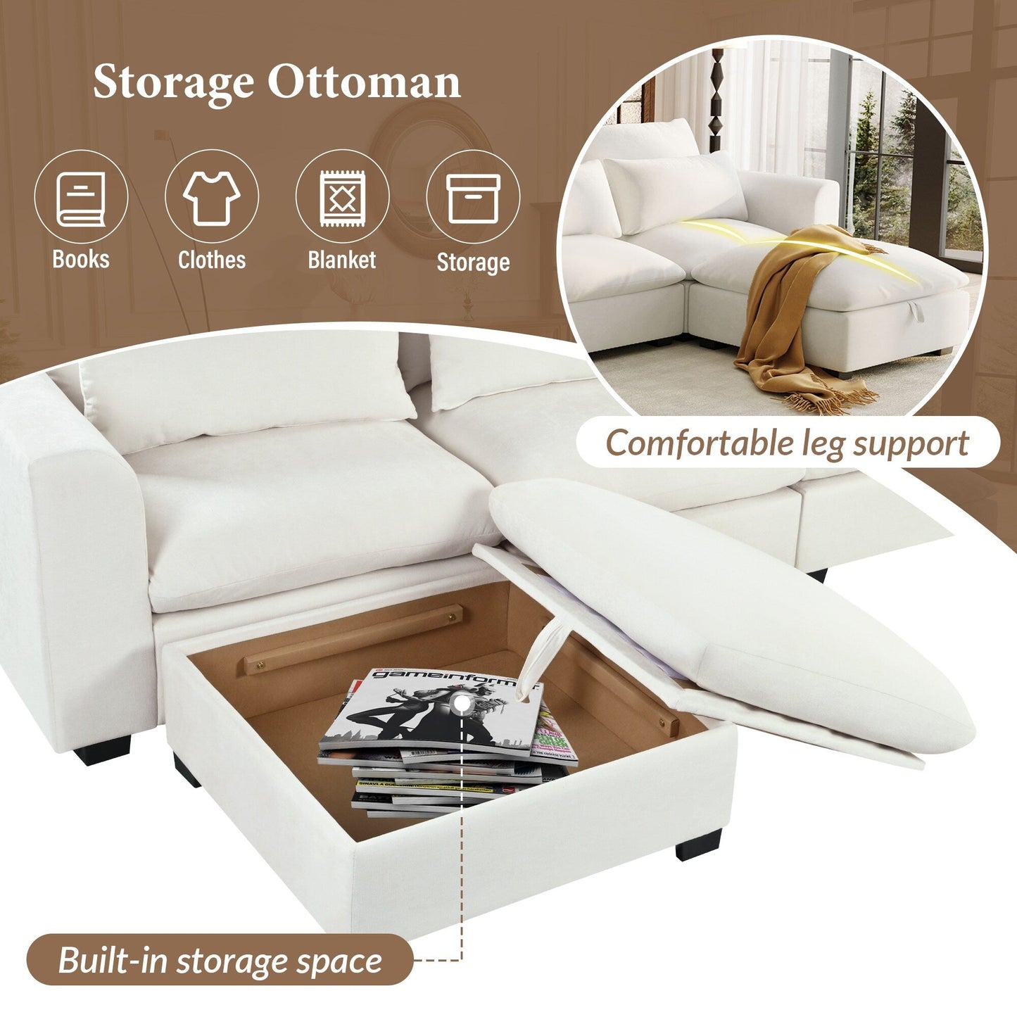 Divano componibile a 6 posti a forma di U rivestito in lino con 2 pouf contenitore mobili per home theater in soggiorno