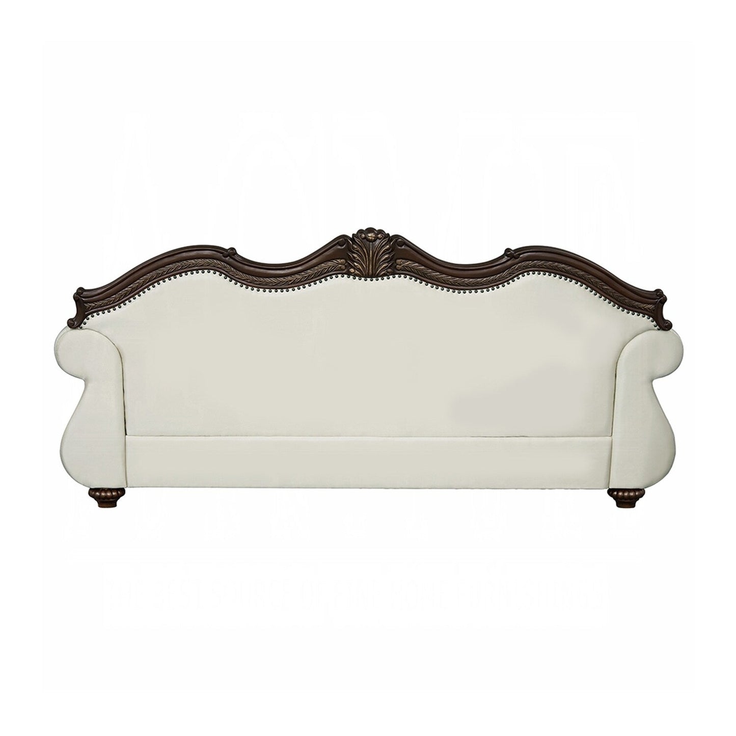 Divano imbottito con schienale capitonné in beige e ciliegio